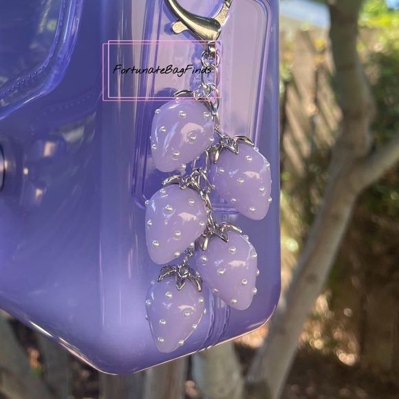 Lilac Lavender Baby Purple Jelly Pearl Heart Strawberry Cluster Bag Charm SILVER - Picture 8 of 8
